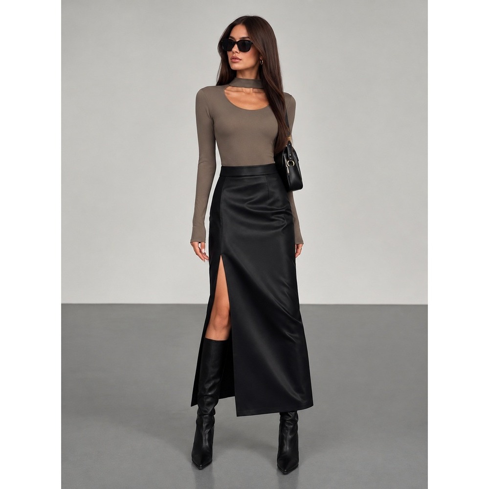 COMMENSE Black Side Split Soft Faux Leather High Waist Midi Skirt Size S NEW